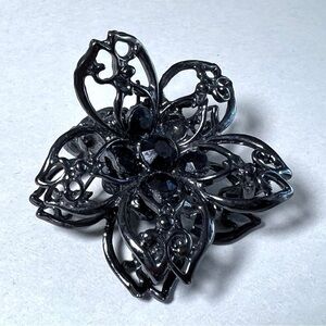 Rhinestone Hair Clip Claw Black Jeweled Dark Silver Filigree 2" Accessory